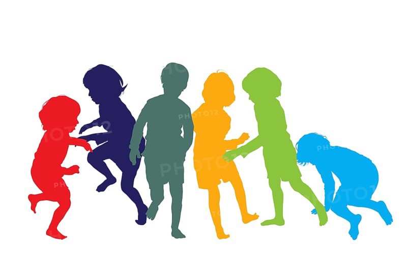 Silhouettes of children playing and running in colors