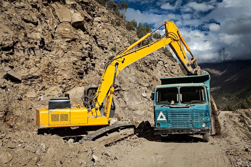 Road construction in mountains Himalayas