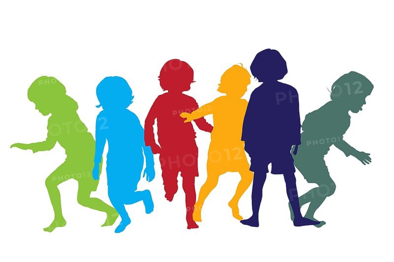 Silhouettes of children playing and running in colors