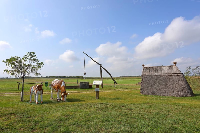 Drawing well and reed hut with cows sculpture