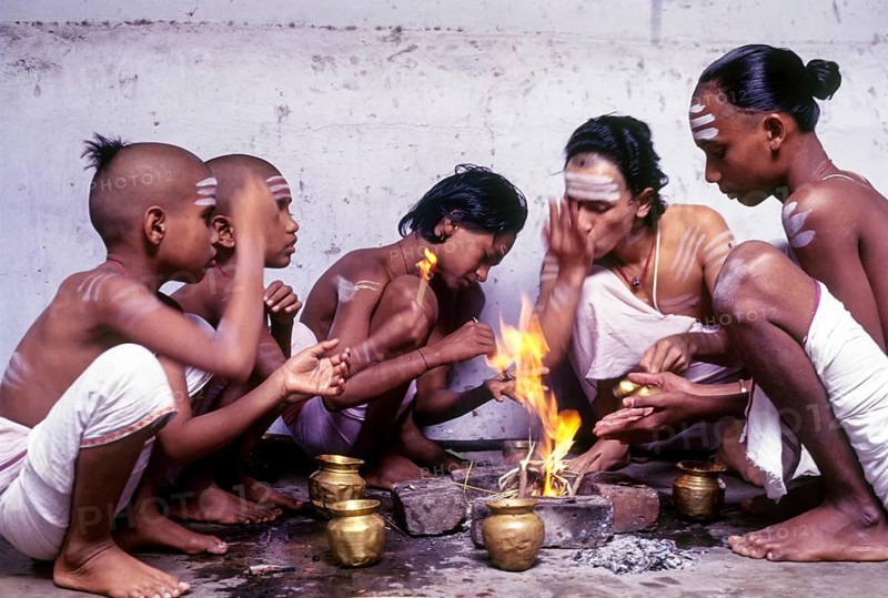 Brahmin youths of Vedic School at their morning rituals in Kumbakonam