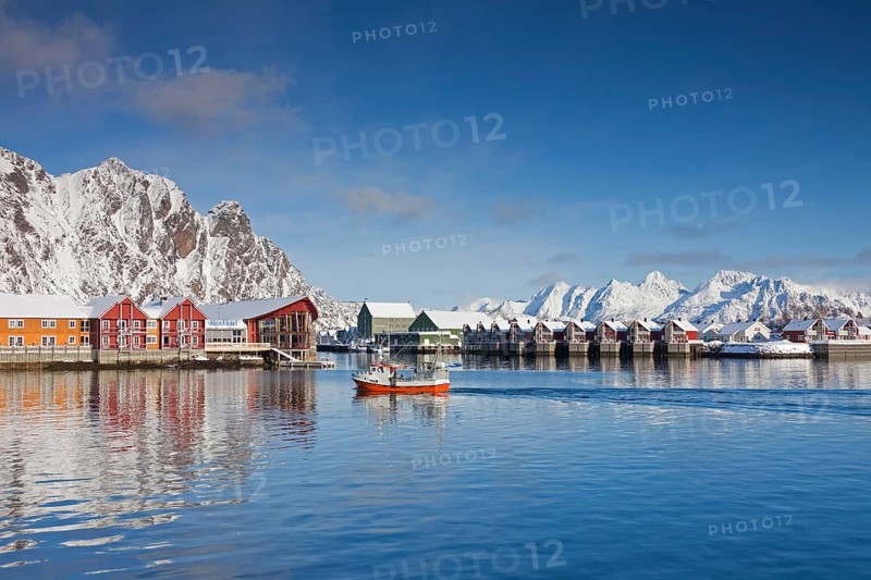 Fishing boat and Robur huts near Svolvaer