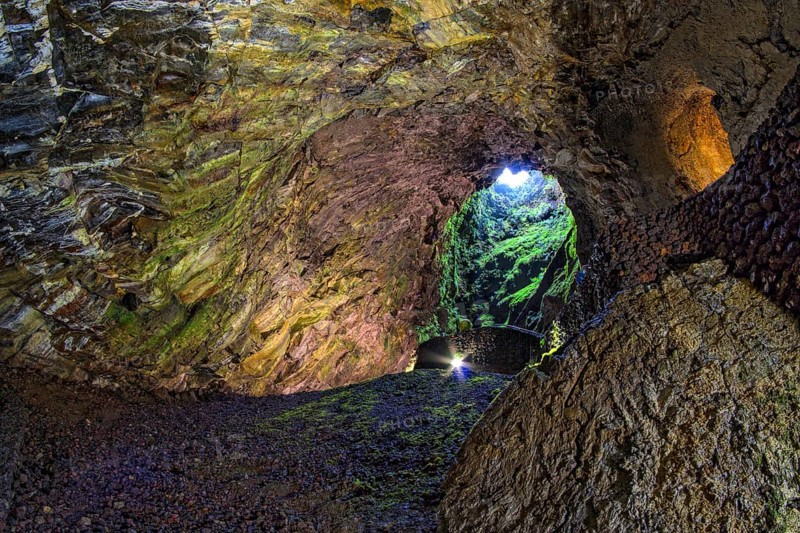 Inside the volcanic vent Algar do carvao Azores Terceira Portugal