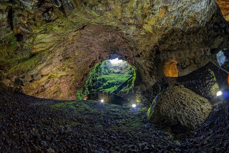 Inside the volcanic vent Algar do carvao Azores Terceira Portugal