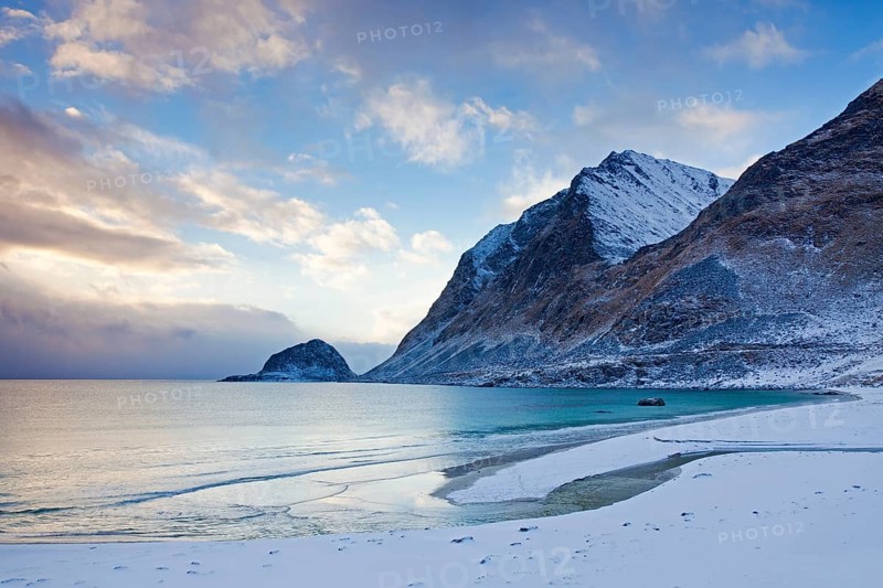 Beach at Haukland in the snow in winter
