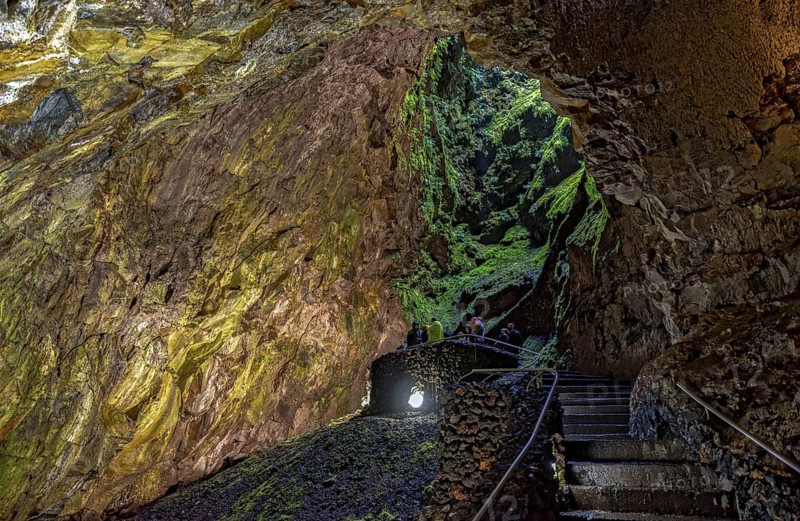 Inside the volcanic vent Algar do carvao Azores Terceira Portugal