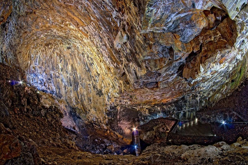 Inside the volcanic vent Algar do carvao Azores Terceira Portugal