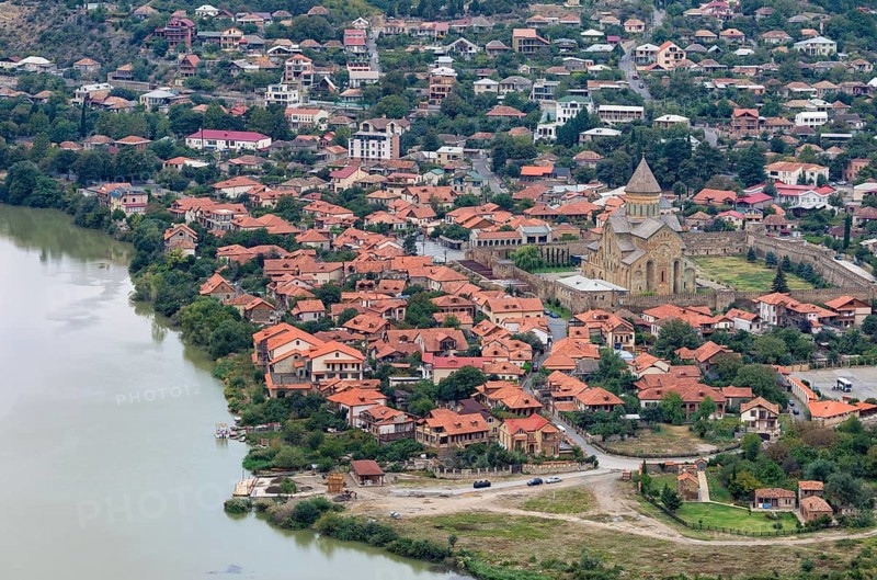 View of the Aragvi River and the Holy Cross Church of Mtskheta