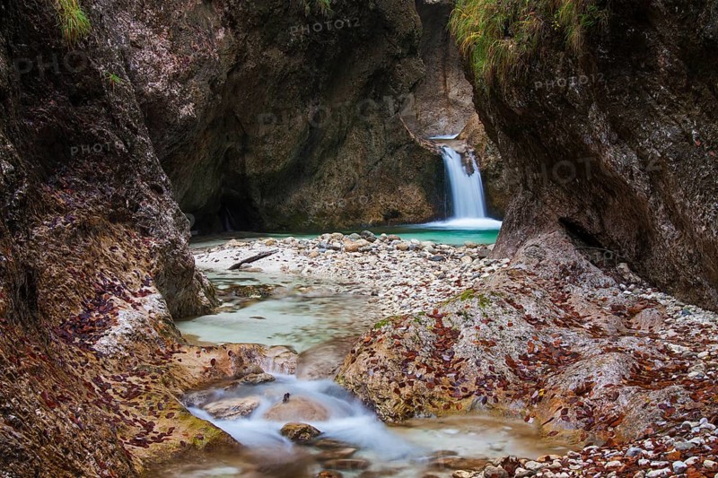 Waterfall in the Almbach river flowing through the Almbachklamm gorge in the Berchtesgaden Alps