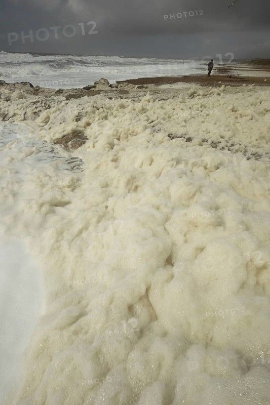 Sea foam washes up on the beach after a storm