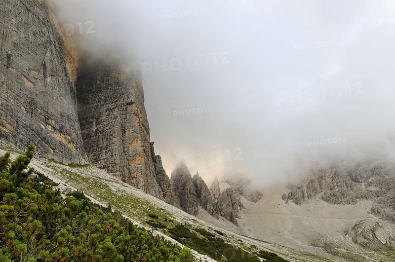 View of mountain range in low cloud