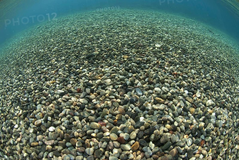 View of multicoloured pebbles near shallow shore