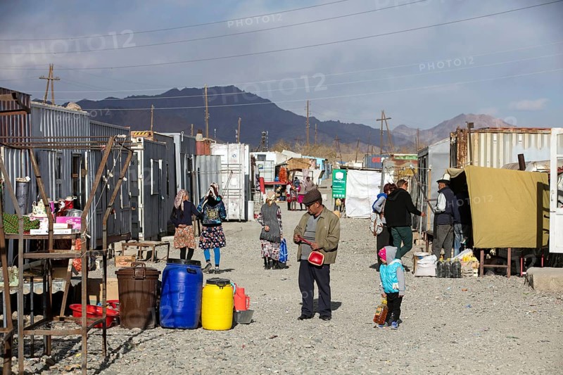 Murghab bazaar with stalls in containers in Murghob district of the Gorno-Badakhshan Autonomous Region