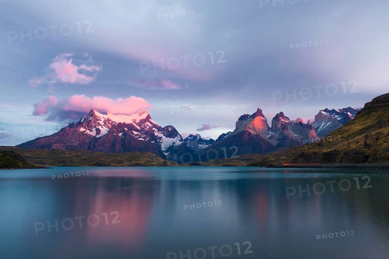 Sunrise over the Cuernos del Paine and Lago Pehoe