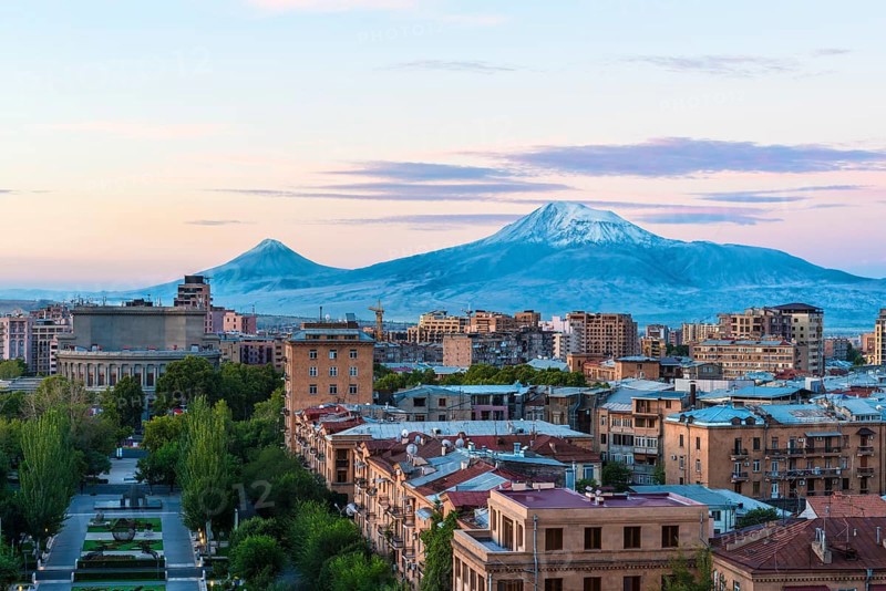 Mount Ararat and Yerevan seen from the Cascade at sunrise