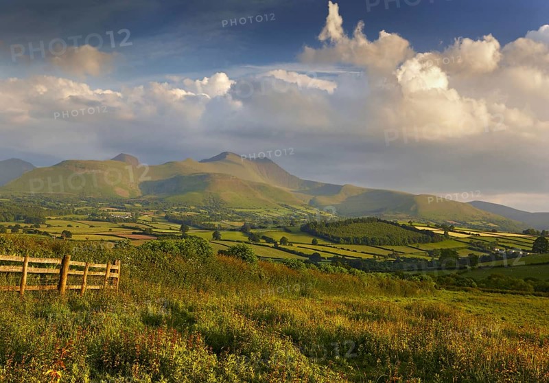 View of farmland and hills in the evening