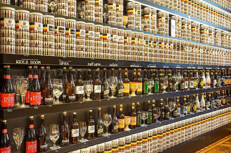 Collection of Belgian beers for sale in a souvenir shop in Belgium
