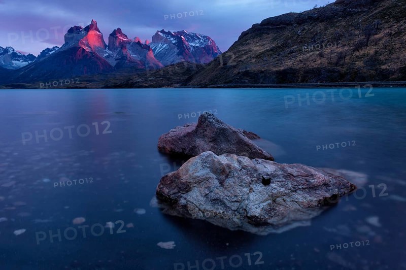 Sunrise over the Cuernos del Paine and Lago Pehoe