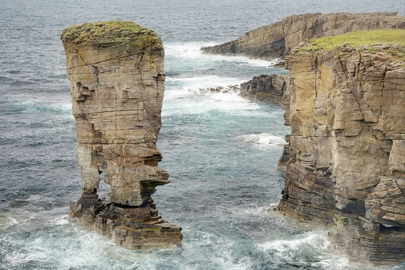 View of sea cliffs and offshore stack