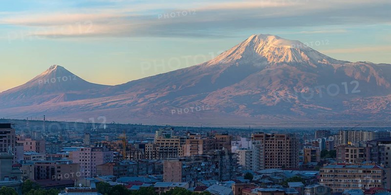 Mount Ararat and Yerevan seen from the Cascade at sunrise