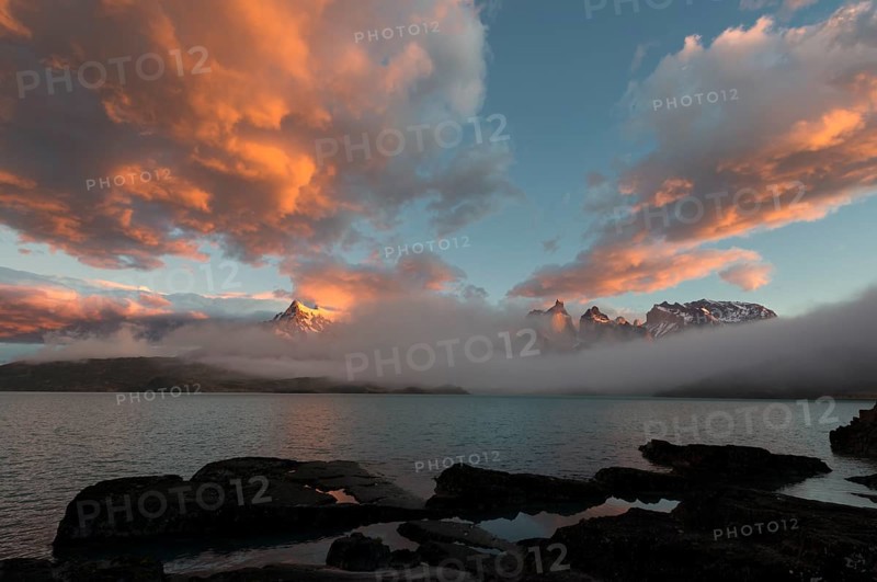Sunrise over the Cuernos del Paine and Lago Pehoe