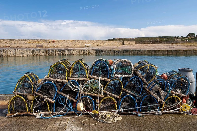 Pile of lobster pots stacked on quayside