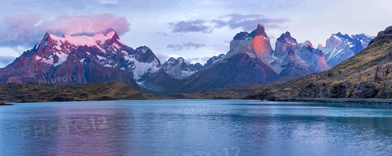 Sunrise over the Cuernos del Paine and Lago Pehoe