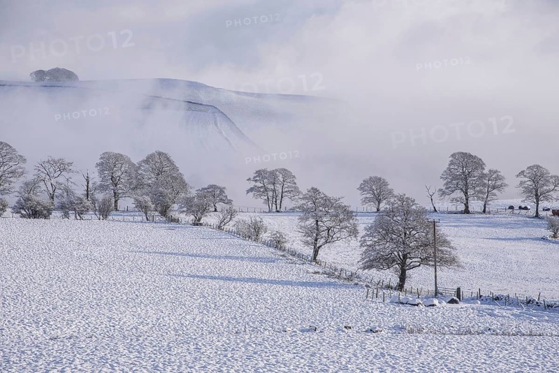 View of farmland and hills covered with snow and mist