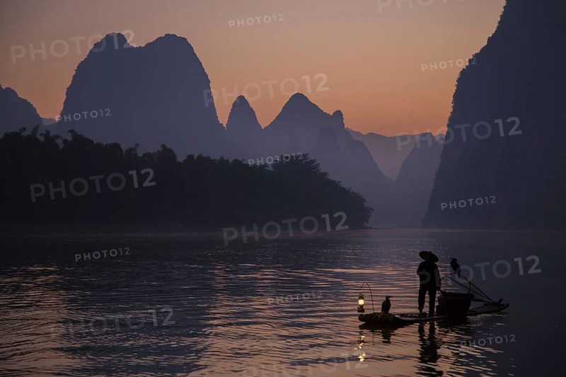 Traditional fisherman with trained cormorants standing on a bamboo raft at sunrise on a river in the karst area