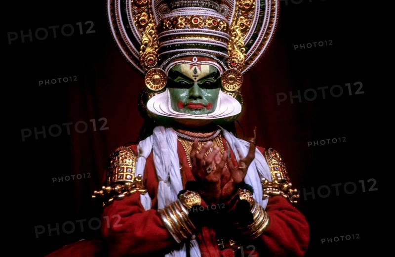 Noble or green character in Kathakali at Kerala Kalamandalam