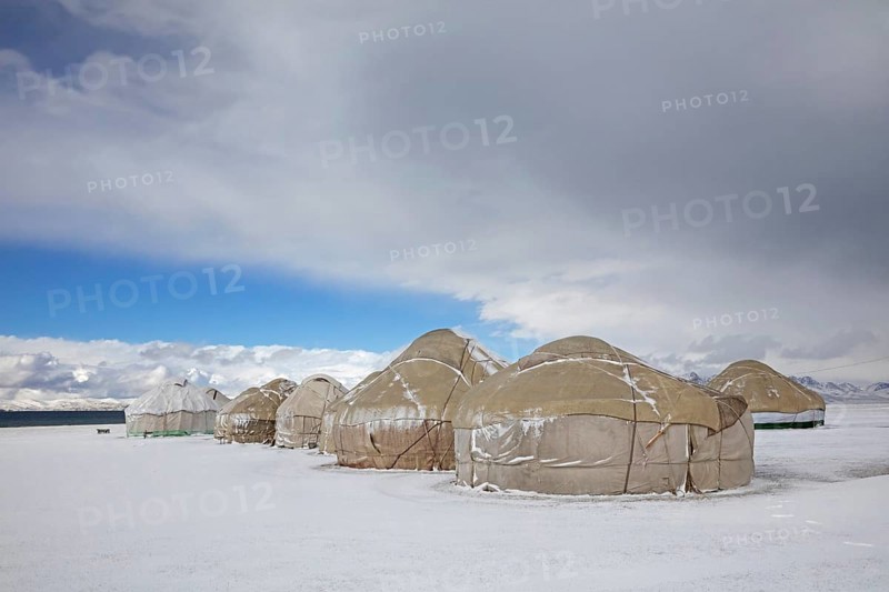 Yurts in a traditional Kyrgyz yurt camp in the snow at Song Kul