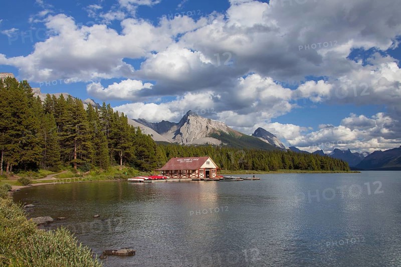 Boathouse with canoes at Maligne Lake