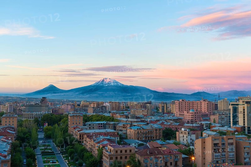 Mount Ararat and Yerevan seen from the Cascade at sunrise