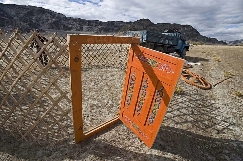 Kazakh nomads set up ger camps on the steppe