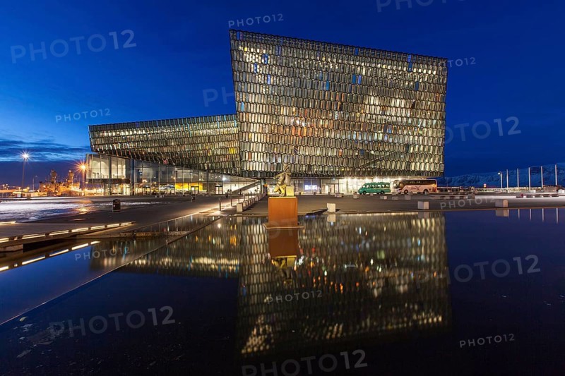 Harpa Concert Hall and Conference Centre illuminated at night in Reykjavik
