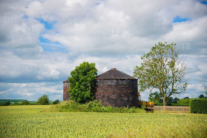 View of corrugated iron grain bins and Wheat
