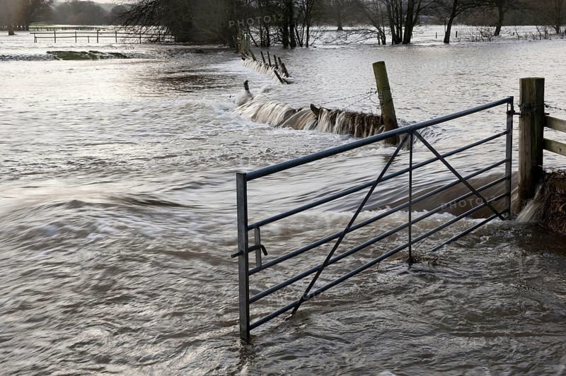 Flooded farmland with gate and damaged fence