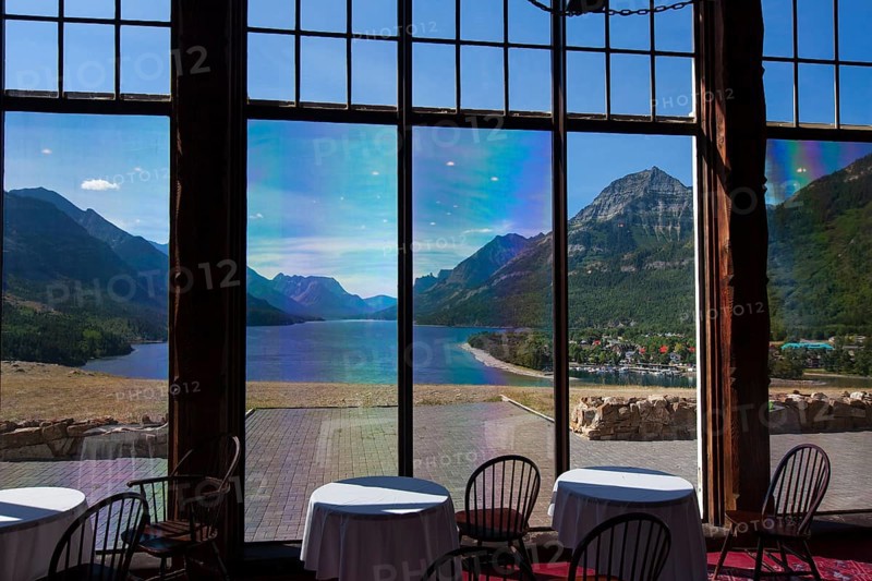 View over Upper Waterton Lake from the window of the Prince of Wales Hotel