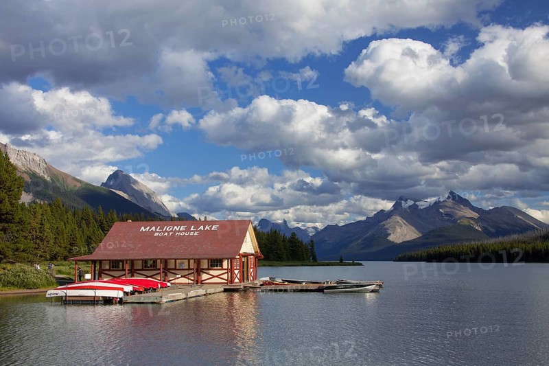 Boathouse with canoes at Maligne Lake