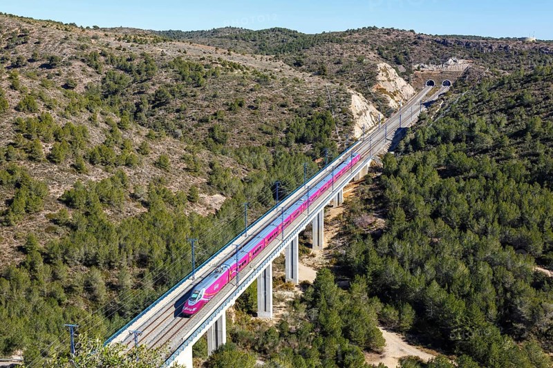 Talgo 350 high-speed train of RENFE AVLO on the line Madrid