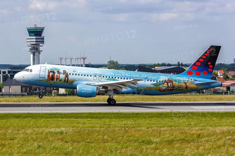 A Brussels Airlines Airbus A320 aircraft with registration OO-SNE and Bruegel special livery at Brussels Airport