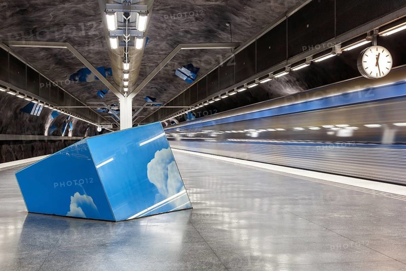 Artfully designed metro tunnelbana underground station stop Solna Strand in Stockholm