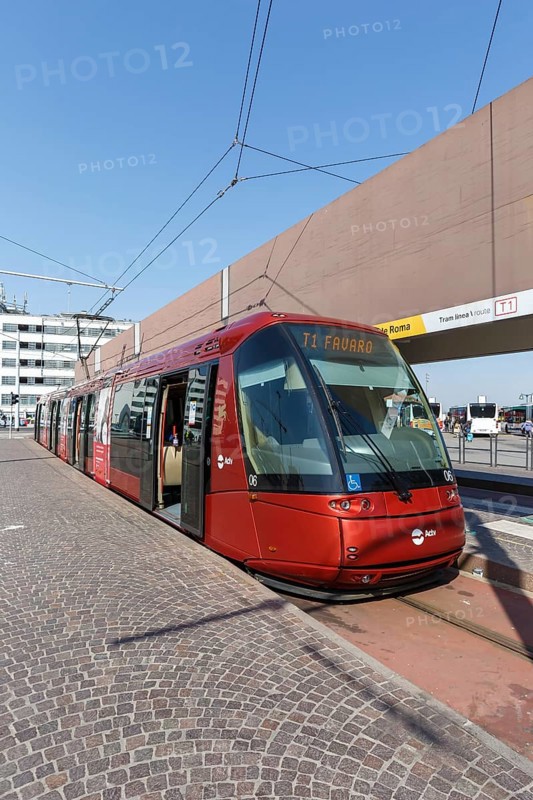 Tram on rubber wheels Tram Venezia of the Translohr type at Piazzale Roma in Venice