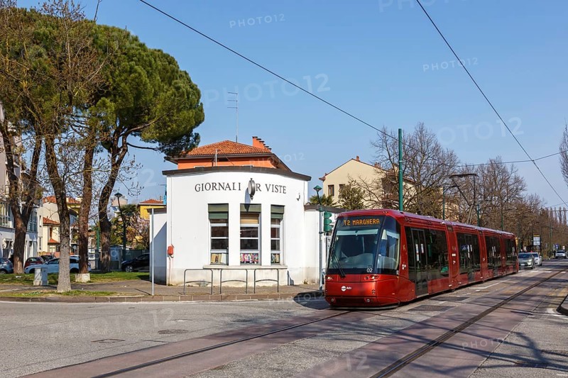 Tram on rubber wheels Tram Venezia of the Translohr type in Mestre in Venice