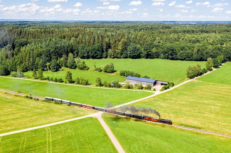 Steam train Oechsle museum railway railway steam railway aerial view in Ochsenhausen Wennedach