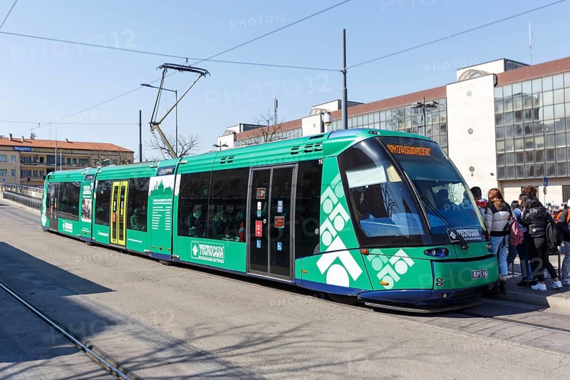 Tram on rubber wheels Tram Tranvia di Padova of the Translohr type at the station in Padua