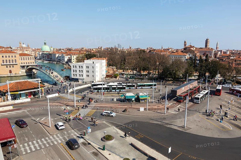 Bus station with tram on rubber wheels Tram Venezia at Piazzale Roma in Venice