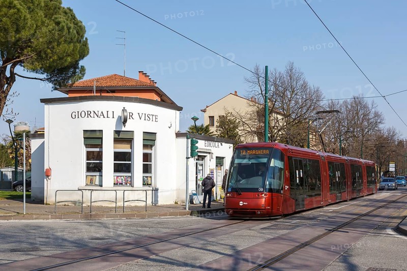 Tram on rubber wheels Tram Venezia of the Translohr type in Mestre in Venice