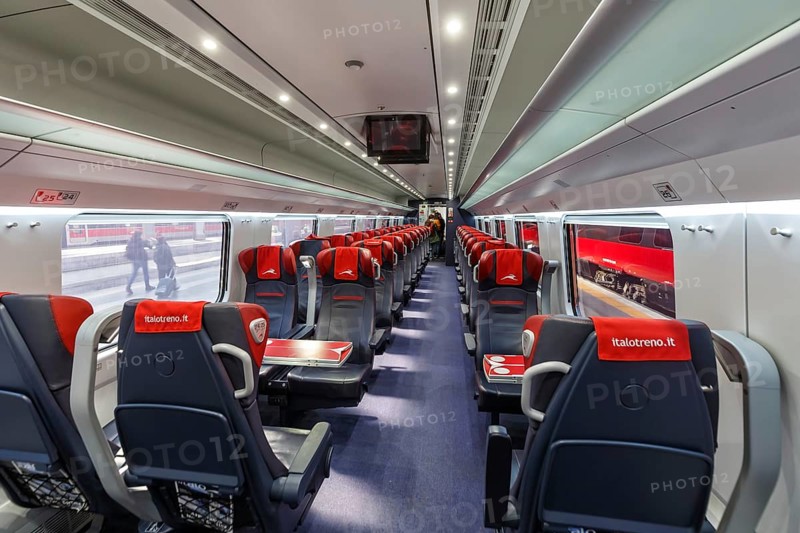 Interior of an Italo ETR 675 Pendolino high speed train of Nuovo Trasporto Viaggiatori NTV at Milano Centrale station in Milan