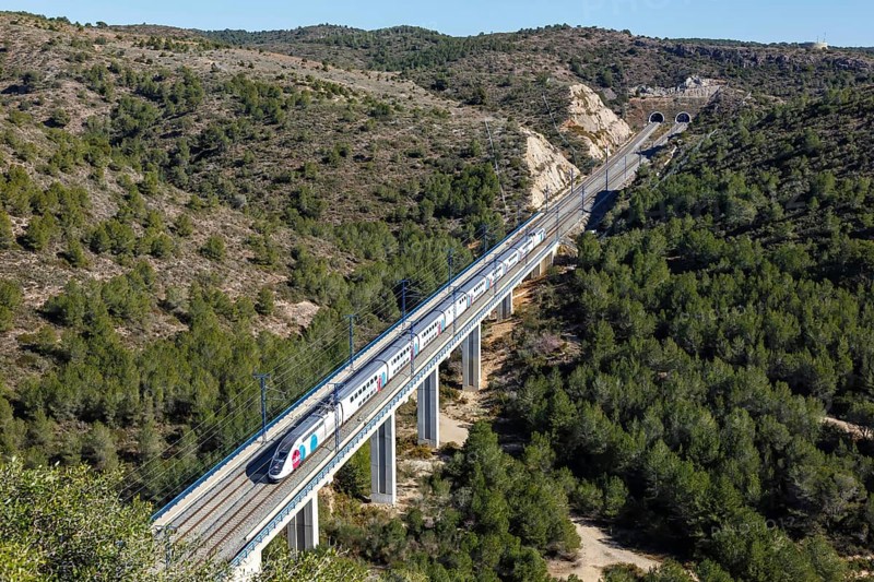 TGV Euroduplex high-speed train of Ouigo Espana SNCF on the route Madrid
